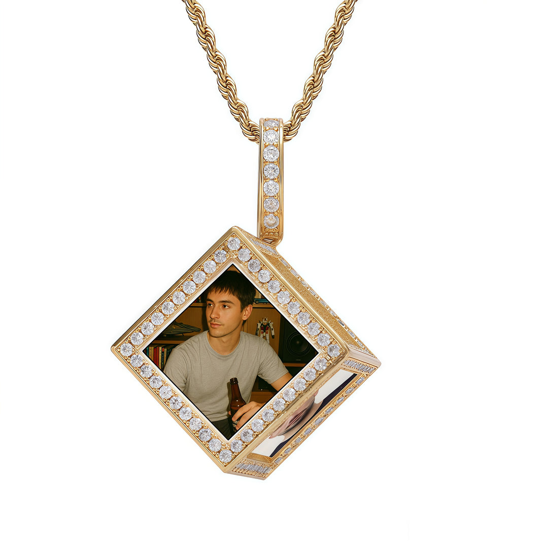 Iced 6-Sided Cube Pendant – Gold Finish