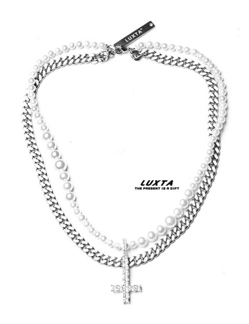 25mm 3A MOP and Cuban Layered Chain CZ Cross Pendant