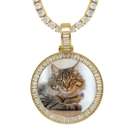 40mm 14K Gold Plated Custom Photo Round Pendant with Princess-Cut 5A CZ