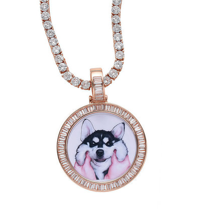 40mm 14K Gold Plated Custom Photo Round Pendant with Princess-Cut 5A CZ