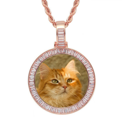 40mm 14K Gold Plated Custom Photo Round Pendant with Princess-Cut 5A CZ