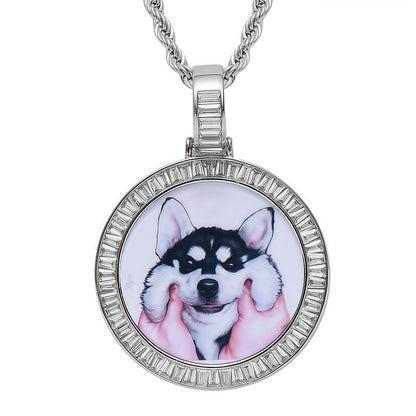 40mm 14K Gold Plated Custom Photo Round Pendant with Princess-Cut 5A CZ