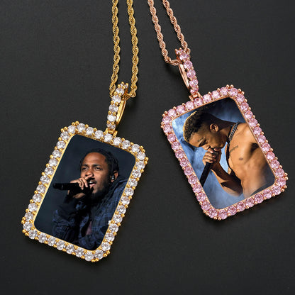80mm Gold Plated Custom Photo Rectangle Pendant with 5A CZ