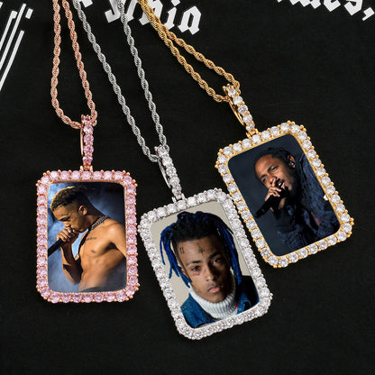 80mm Gold Plated Custom Photo Rectangle Pendant with 5A CZ