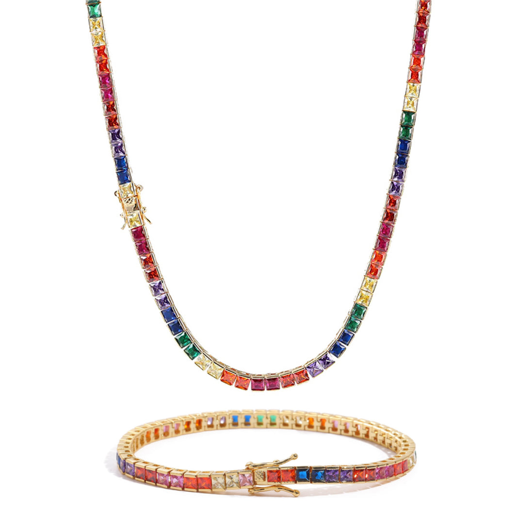 4mm Rainbow Square Tennis Set – 14K Gold Finish