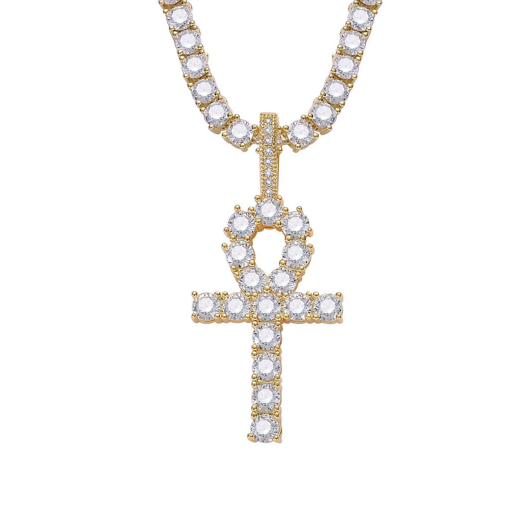 Iced Ankh Cross Pendant – 14K Gold Finish