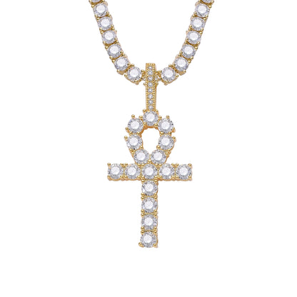 Iced Ankh Cross Pendant – 14K Gold Finish
