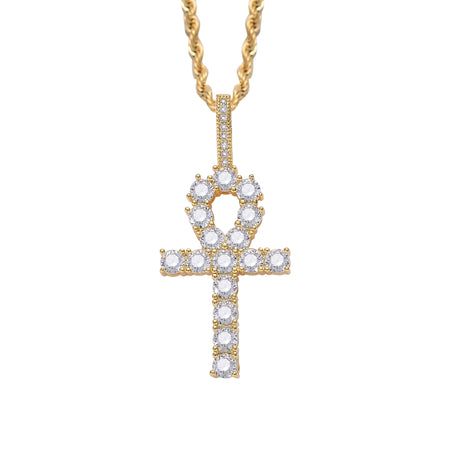 Iced Ankh Cross Pendant – 14K Gold Finish