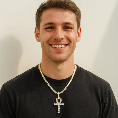 Iced Ankh Cross Pendant – 14K Gold Finish