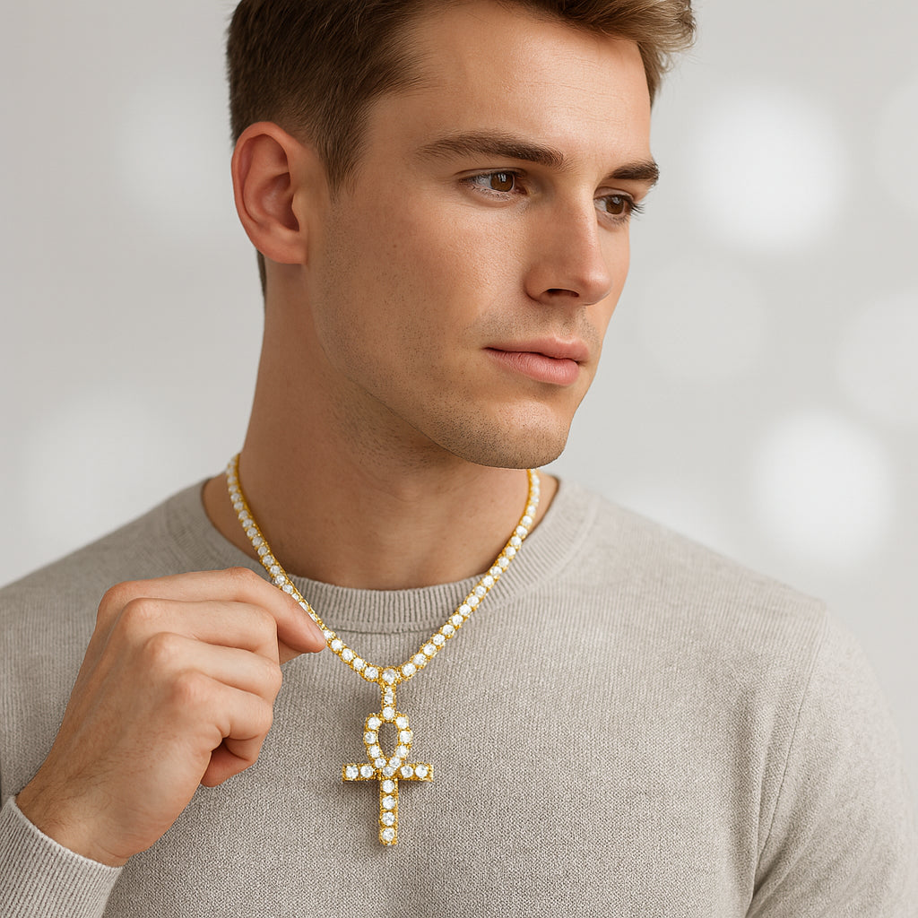 Iced Ankh Cross Pendant – 14K Gold Finish