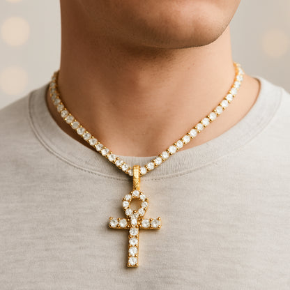 Iced Ankh Cross Pendant – 14K Gold Finish