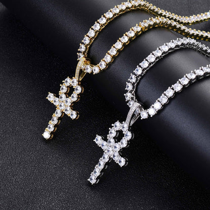 Iced Ankh Cross Pendant – 14K Gold Finish