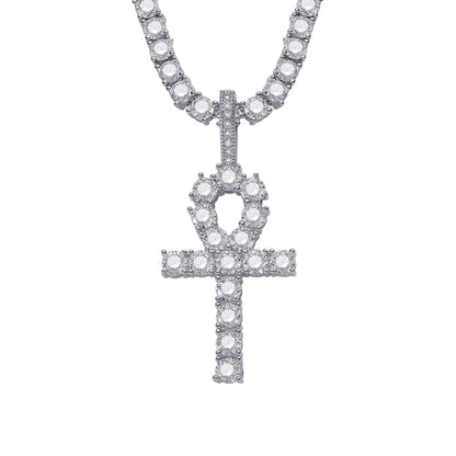 Iced Ankh Cross Pendant – Silver Finish