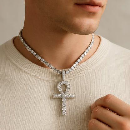 Iced Ankh Cross Pendant – Silver Finish