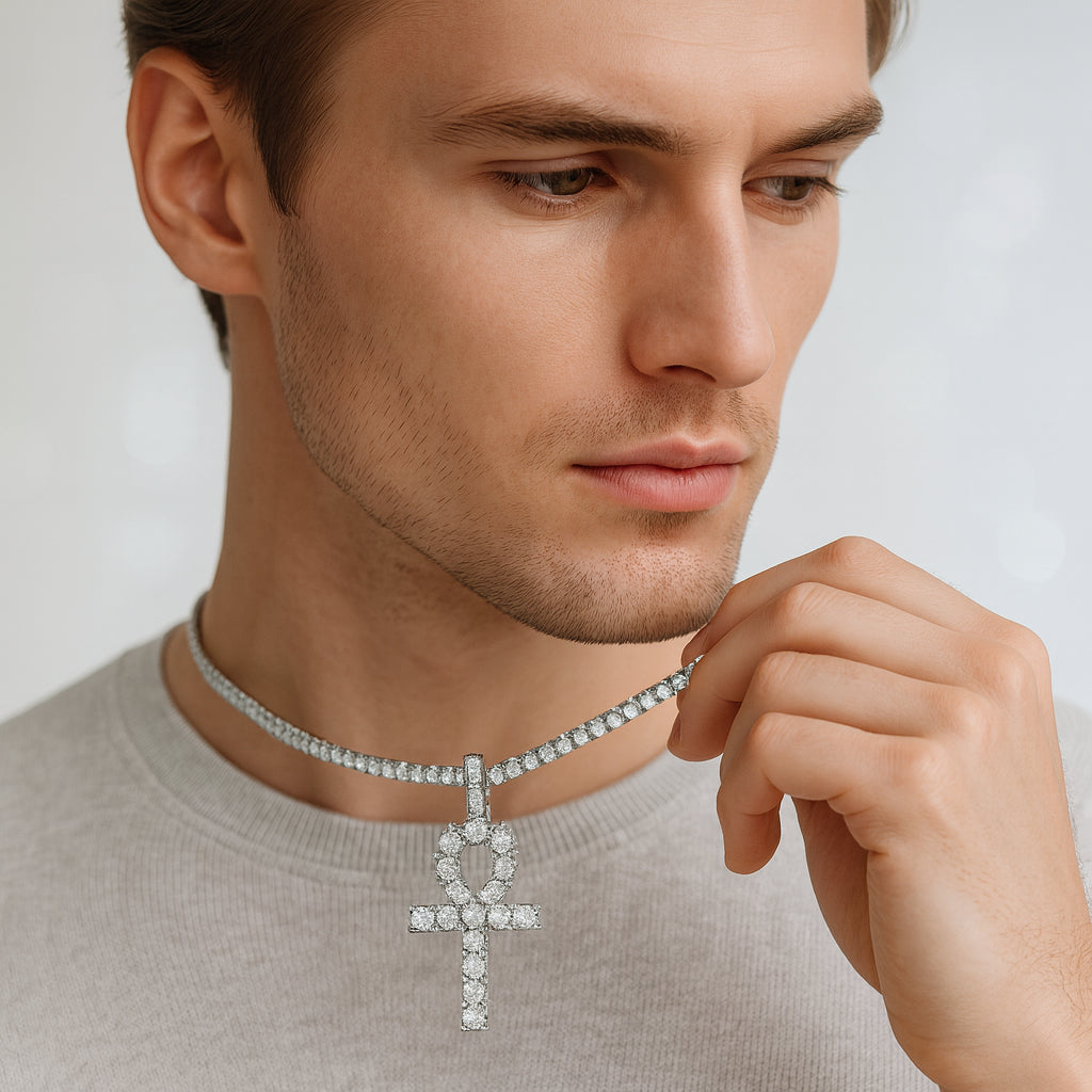 Iced Ankh Cross Pendant – Silver Finish