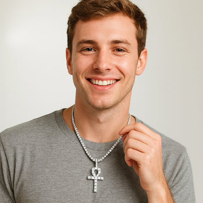 Iced Ankh Cross Pendant – Silver Finish