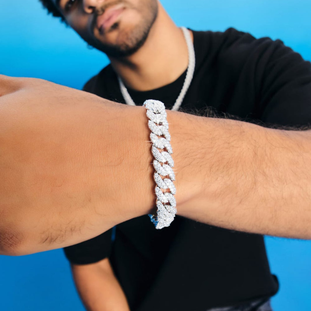 10mm 925 Sterling Silver Iced Out Moissanite Cuban Link Bracelet – White Gold Finish