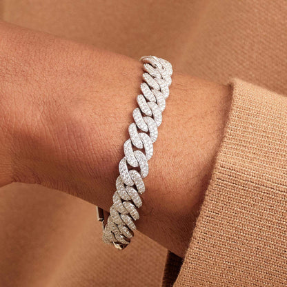 10mm 925 Sterling Silver Iced Out Moissanite Cuban Link Bracelet – White Gold Finish