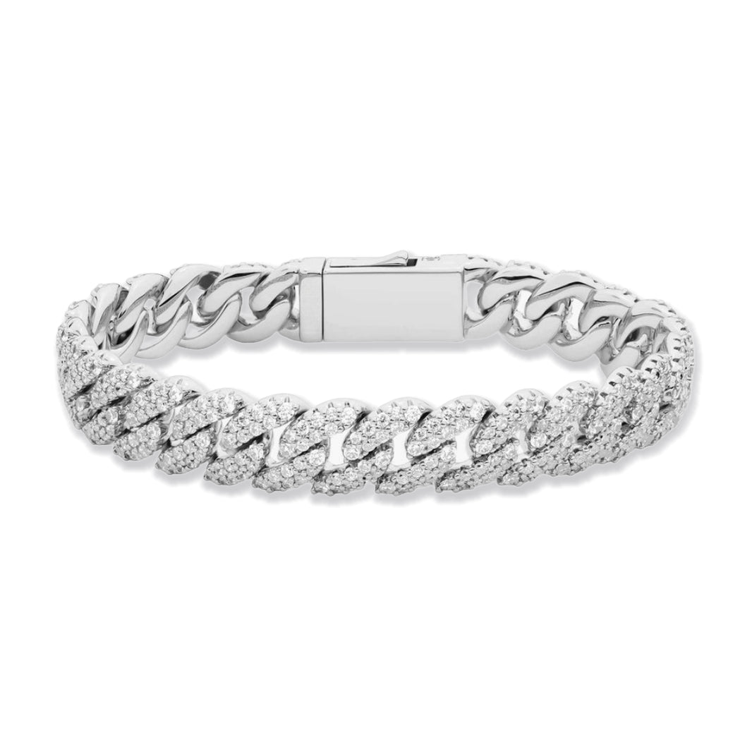 10mm 925 Sterling Silver Iced Out Moissanite Cuban Link Bracelet – White Gold Finish