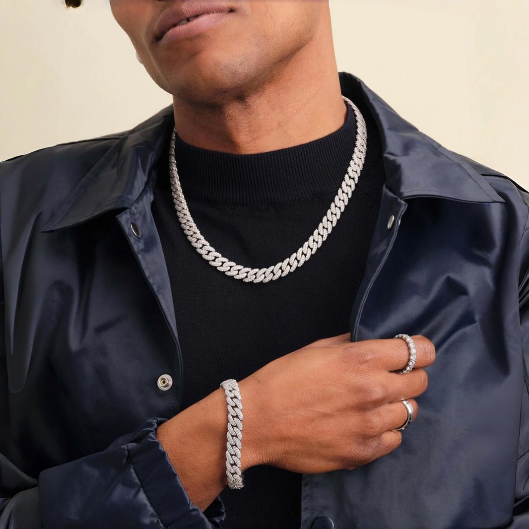 10mm 925 Sterling Silver Iced Out Moissanite Cuban Link Chain Set – White Gold Finish
