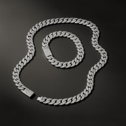 10mm 925 Sterling Silver Iced Out Moissanite Cuban Link Chain Set – White Gold Finish