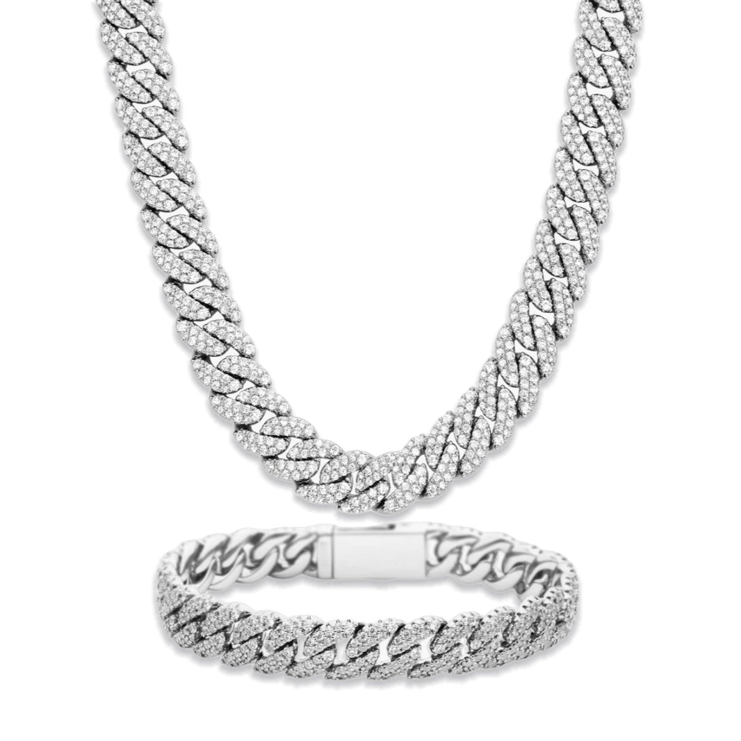 10mm 925 Sterling Silver Iced Out Moissanite Cuban Link Chain Set – White Gold Finish