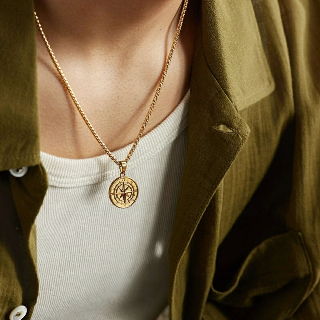 Sterling Silver Compass Pendant – 14K Gold Finish