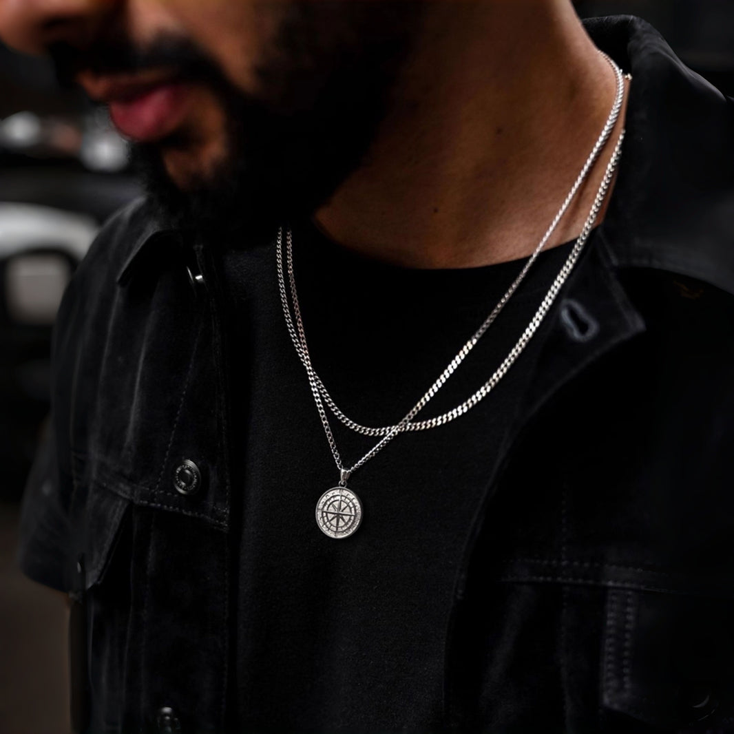 Sterling Silver Compass Pendant – White Gold Finish