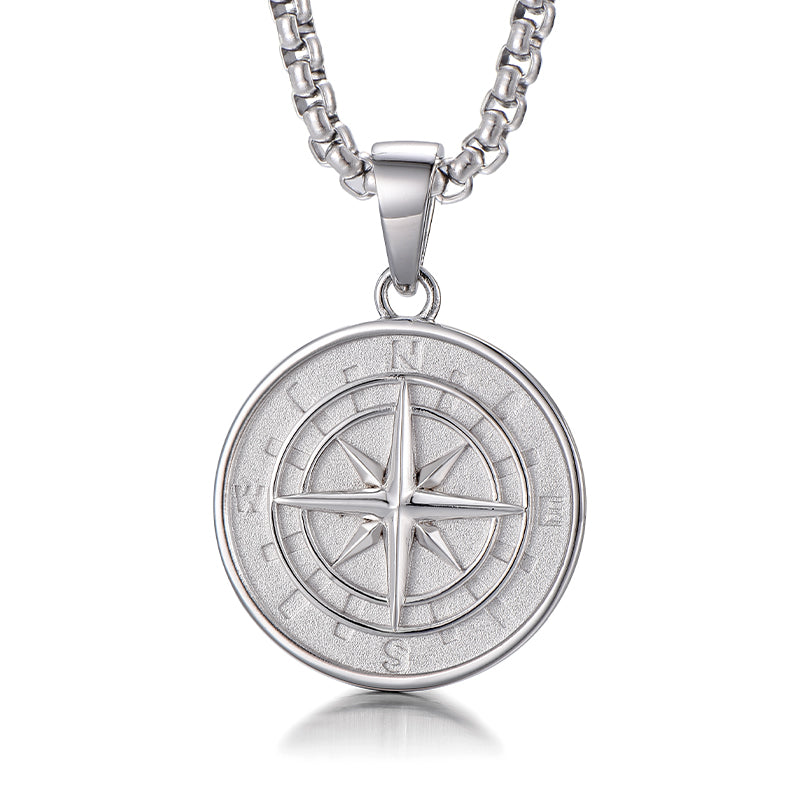 Sterling Silver Compass Pendant – White Gold Finish