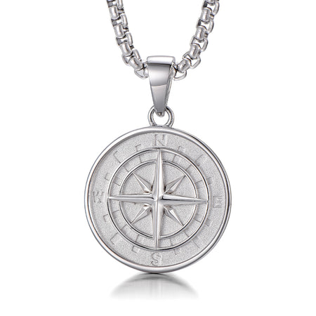 Sterling Silver Compass Pendant – White Gold Finish