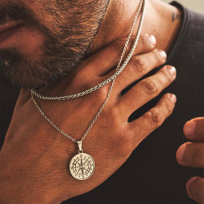 Sterling Silver Compass Pendant – White Gold Finish
