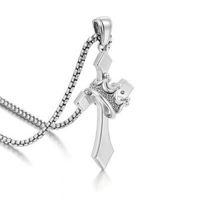 Sterling Silver Royal Crown Cross Pendant – Silver Finish