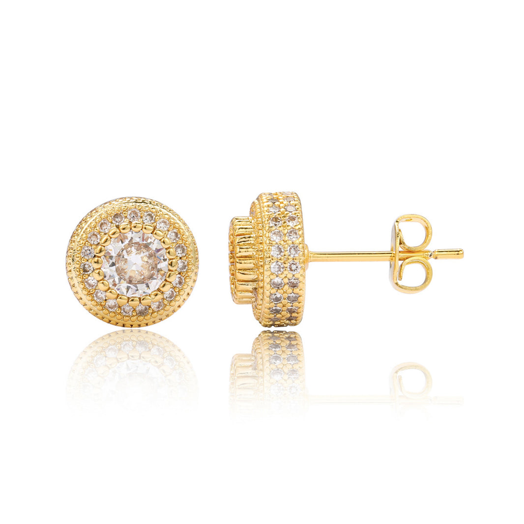 Double Halo Iced Round Stud Earrings – 14K Gold Finish