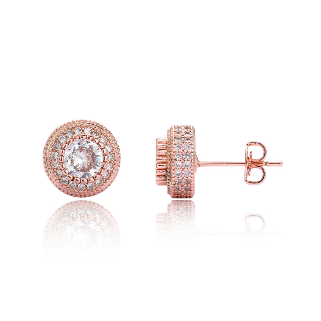 Double Halo Iced Round Stud Earrings – Rose Gold Finish