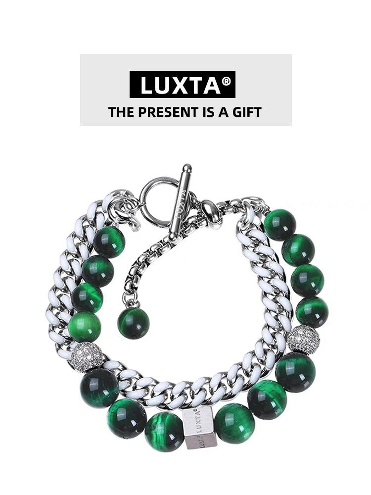 3A Tiger's Eyee Layered Beaded Bracelet and Cuban Chain Bracelet