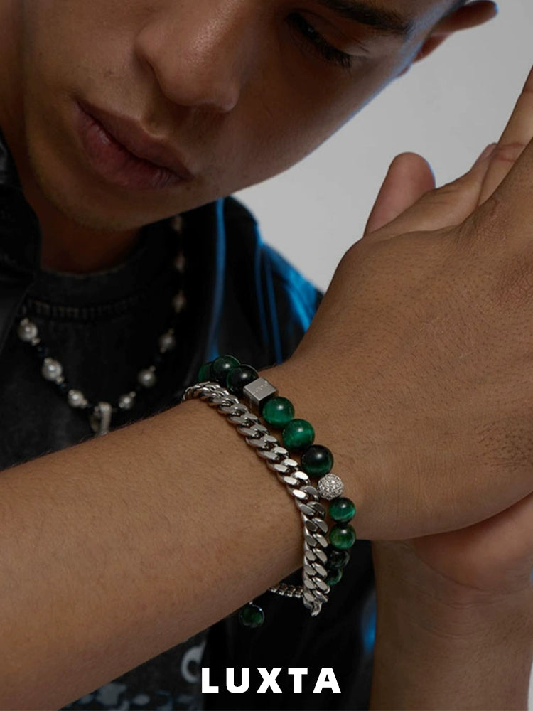 3A Tiger's Eyee Layered Beaded Bracelet and Cuban Chain Bracelet