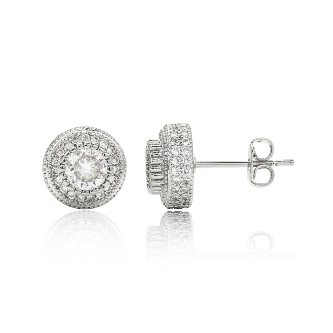 Double Halo Iced Round Stud Earrings – Silver Finish