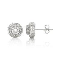 Double Halo Iced Round Stud Earrings – Silver Finish