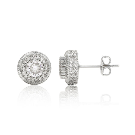Double Halo Iced Round Stud Earrings – Silver Finish
