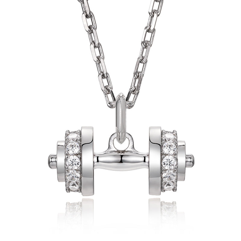 Sterling Silver White CZ Dumbbell Pendant – White Gold Finish