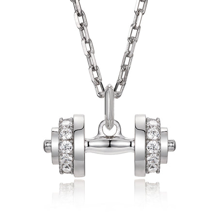 Sterling Silver White CZ Dumbbell Pendant – White Gold Finish