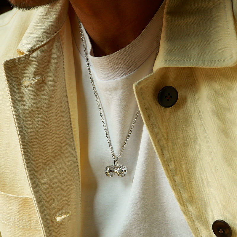 Sterling Silver White CZ Dumbbell Pendant – White Gold Finish