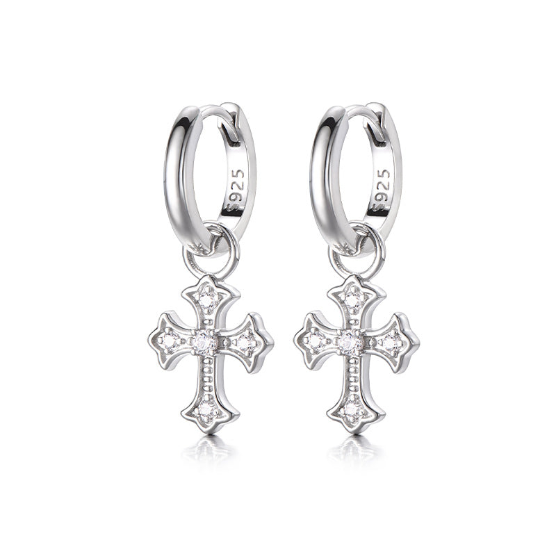 Sterling Silver Clear CZ Cross Drop Earrings – Rhodium Finish