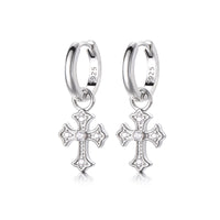 Sterling Silver Clear CZ Cross Drop Earrings – Rhodium Finish