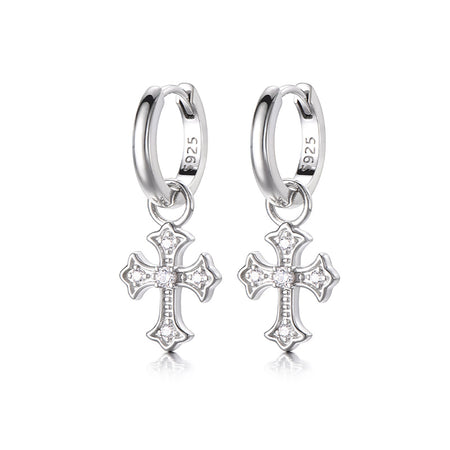 Sterling Silver Clear CZ Cross Drop Earrings – Rhodium Finish
