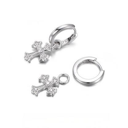 Sterling Silver Clear CZ Cross Drop Earrings – Rhodium Finish