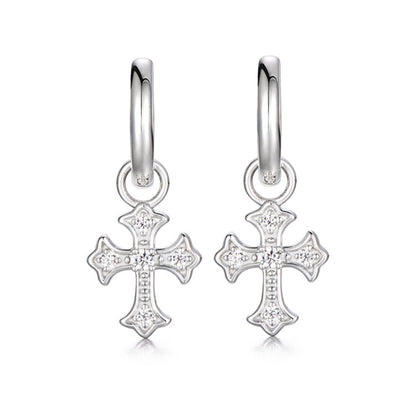 Sterling Silver Clear CZ Cross Drop Earrings – Rhodium Finish