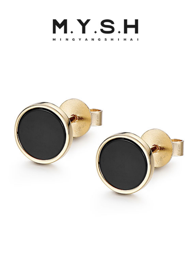 7.7mm 18K Gold Black Agate Stud Earrings