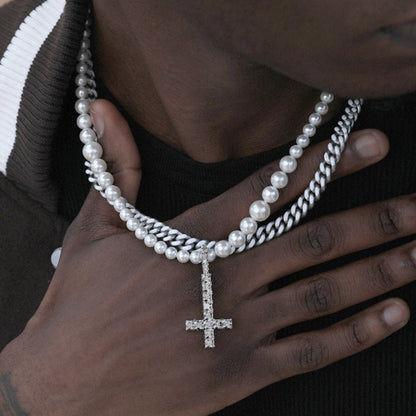 Pearl Cuban Link Cross Layered Pendant – Silver Finish