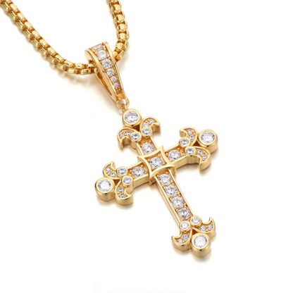 Sterling Silver Vintage Iced Cross Pendant – 14K Gold Finish